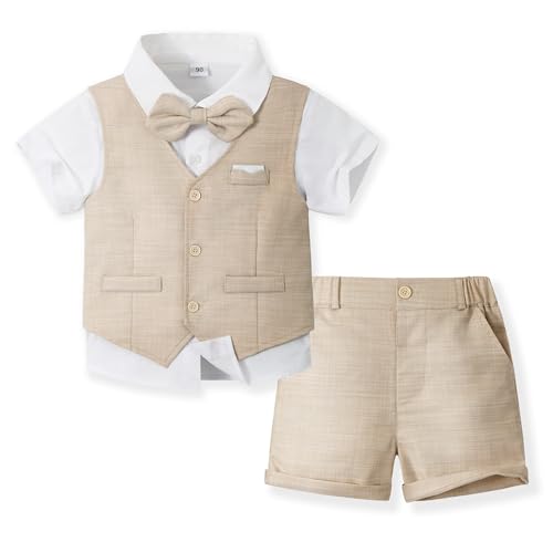 Volunboy Baby Jungen Anzug, Sommer Anzugweste Hemd mit Fliege + Shorts für Festlich Hochzeit Bekleidung Set 4tlgs(18-24 Monate,Helles Khaki,Größe 90) von Volunboy