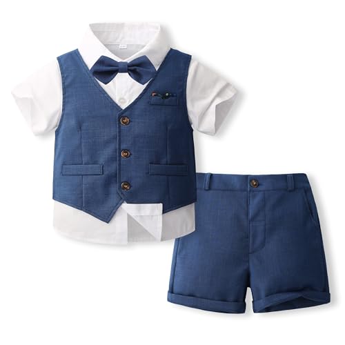 Volunboy Baby Jungen Anzug, Sommer Anzugweste Hemd mit Fliege + Shorts für Festlich Hochzeit Bekleidung Set 4tlgs(18-24 Monate,Marineblau,Größe 90) von Volunboy
