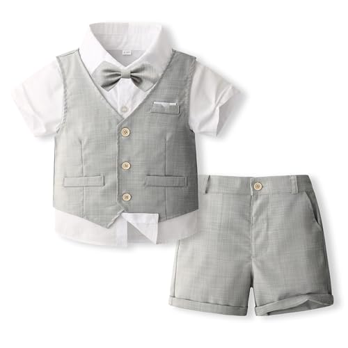 Volunboy Baby Jungen Anzug, Sommer Anzugweste Hemd mit Fliege + Shorts für Festlich Hochzeit Bekleidung Set 4tlgs(2-3 Jahre,Hellgrau,Größe 100) von Volunboy