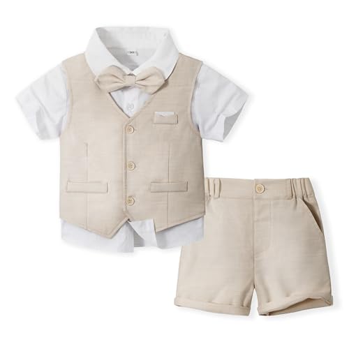 Volunboy Baby Jungen Anzug, Sommer Anzugweste Hemd mit Fliege + Shorts für Festlich Hochzeit Bekleidung Set 4tlgs(3-4 Jahre,Beige,Größe 110) von Volunboy