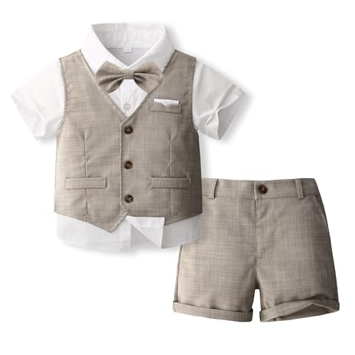 Volunboy Baby Jungen Anzug, Sommer Anzugweste Hemd mit Fliege + Shorts für Festlich Hochzeit Bekleidung Set 4tlgs(3-4 Jahre,Tiefes Khaki,Größe 110) von Volunboy