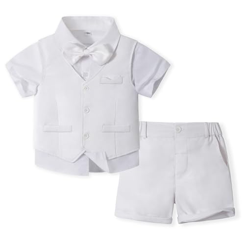 Volunboy Baby Jungen Anzug, Sommer Anzugweste Hemd mit Fliege + Shorts für Festlich Hochzeit Bekleidung Set 4tlgs(4-5 Jahre,Weiß,Größe 120) von Volunboy