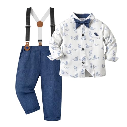 Volunboy Baby Jungen Anzug Set Bekleidung, Kleinkind Langarm Hemd mit Fliege + Hosenträger Hosen 4 Stück Anzug (12-18 Monate,Blauer Druck,Größe 80) von Volunboy