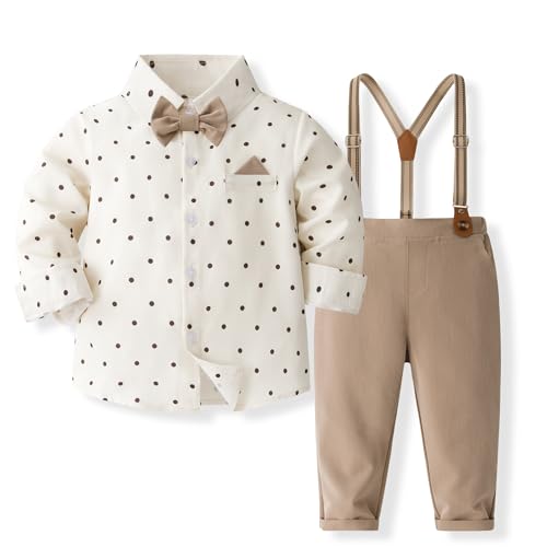 Volunboy Baby Jungen Anzug Set Bekleidung, Kleinkind Langarm Hemd mit Fliege + Hosenträger Hosen 4 Stück Anzug (12-18 Monate,Dot Khaki,Größe 80) von Volunboy