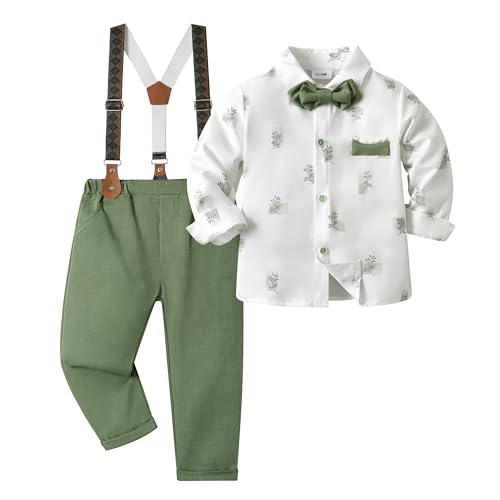 Volunboy Baby Jungen Anzug Set Bekleidung, Kleinkind Langarm Hemd mit Fliege + Hosenträger Hosen 4 Stück Anzug (12-18 Monate,Dunkel Grün,Größe 80) von Volunboy