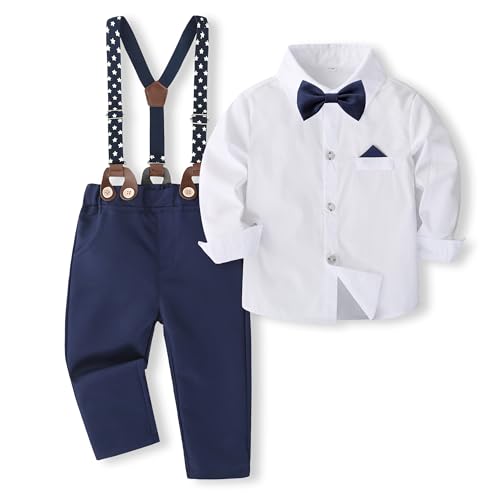 Volunboy Baby Jungen Anzug Set Bekleidung, Kleinkind Langarm Hemd mit Fliege + Hosenträger Hosen 4 Stück Anzug (12-18 Monate,Weiß Marine,Größe 80) von Volunboy