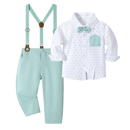 Volunboy Baby Jungen Anzug Set Bekleidung, Kleinkind Langarm Hemd mit Fliege + Hosenträger Hosen 4 Stück Anzug (18-24 Monate,Aquagrün,Größe 90) von Volunboy