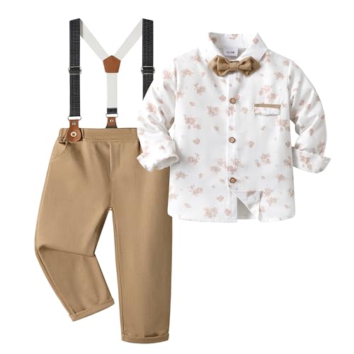 Volunboy Baby Jungen Anzug Set Bekleidung, Kleinkind Langarm Hemd mit Fliege + Hosenträger Hosen 4 Stück Anzug (2-3 Jahre,Dunkles Khaki,Größe 100) von Volunboy
