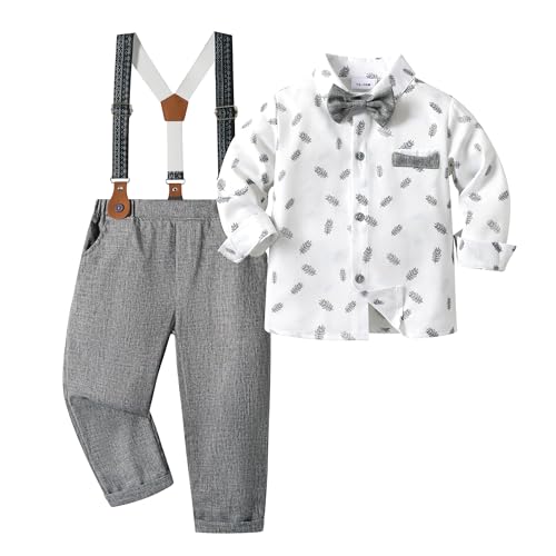 Volunboy Baby Jungen Anzug Set Bekleidung, Kleinkind Langarm Hemd mit Fliege + Hosenträger Hosen 4 Stück Anzug (2-3 Jahre,Grau Gedruckt,Größe 100) von Volunboy