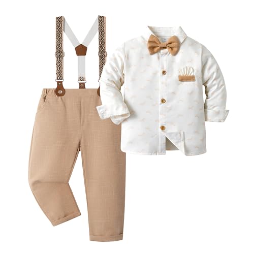 Volunboy Baby Jungen Anzug Set Bekleidung, Kleinkind Langarm Hemd mit Fliege + Hosenträger Hosen 4 Stück Anzug (2-3 Jahre,Khaki Druck,Größe 100) von Volunboy