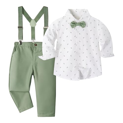 Volunboy Baby Jungen Anzug Set Bekleidung, Kleinkind Langarm Hemd mit Fliege + Hosenträger Hosen 4 Stück Anzug (3-4 Jahre,Grüner Druck,Größe 110) von Volunboy
