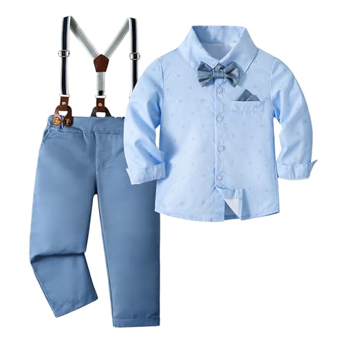 Volunboy Baby Jungen Anzug Set Bekleidung, Kleinkind Langarm Hemd mit Fliege + Hosenträger Hosen 4 Stück Anzug (3-4 Jahre,Marine Gedrucktt,Größe 110) von Volunboy