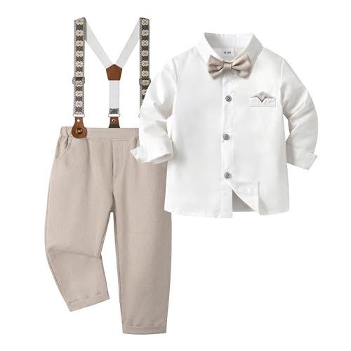 Volunboy Baby Jungen Anzug Set Bekleidung, Kleinkind Langarm Hemd mit Fliege + Hosenträger Hosen 4 Stück Anzug (4-5 Jahre,Helles Khaki,Größe 120) von Volunboy