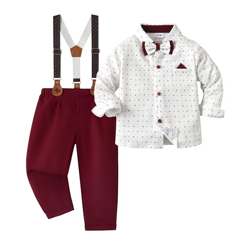 Volunboy Baby Jungen Anzug Set Bekleidung, Kleinkind Langarm Hemd mit Fliege + Hosenträger Hosen 4 Stück Anzug (5-6 Jahre,Rot Gedruckt,Größe 130) von Volunboy