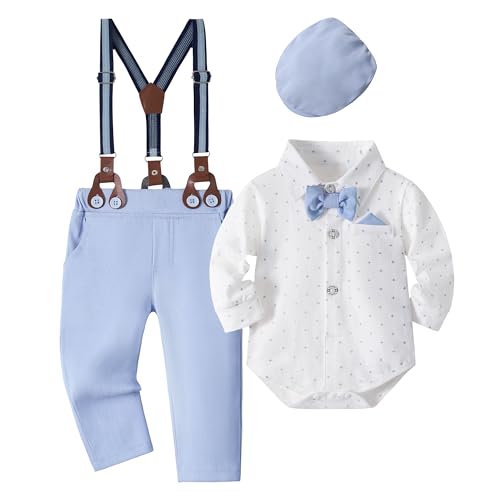 Volunboy Baby Jungen Anzug Set Bekleidung Hemd mit Fliege + Hosenträger Hosen + Barette Strampler Anzug 5 Teilig(3-6 Monate,Himmel Blau,Größe 59) von Volunboy