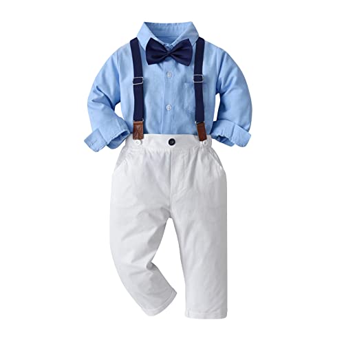 Volunboy Baby Jungen Anzug Set Bekleidung Hemd mit Fliege + Hosenträger Hosen Strampler Anzug(12-18 Monate,Blau Weiß,Größe 80) von Volunboy