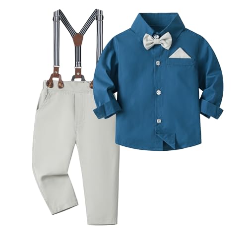 Volunboy Baby Jungen Anzug Set Bekleidung Hemd mit Fliege + Hosenträger Hosen Strampler Anzug(18-24 Monate,Größe 90,Blue Grau) von Volunboy