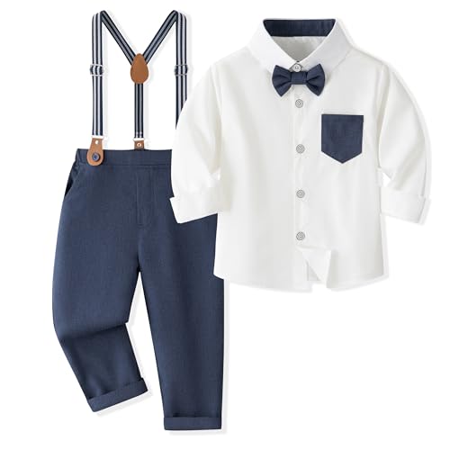 Volunboy Baby Jungen Anzug Set Bekleidung Hemd mit Fliege + Hosenträger Hosen Strampler Anzug(18-24 Monate,Größe 90,Dunkel Blau) von Volunboy