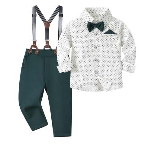 Volunboy Baby Jungen Anzug Set Bekleidung Hemd mit Fliege + Hosenträger Hosen Strampler Anzug(18-24 Monate,Größe 90,Grün Weiß) von Volunboy