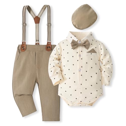 Volunboy Baby Jungen Anzug Set Bekleidung Hemd mit Fliege + Hosenträger Hosen Strampler Anzug(18-24 Monate,Khaki Gepunktet,Größe 90) von Volunboy