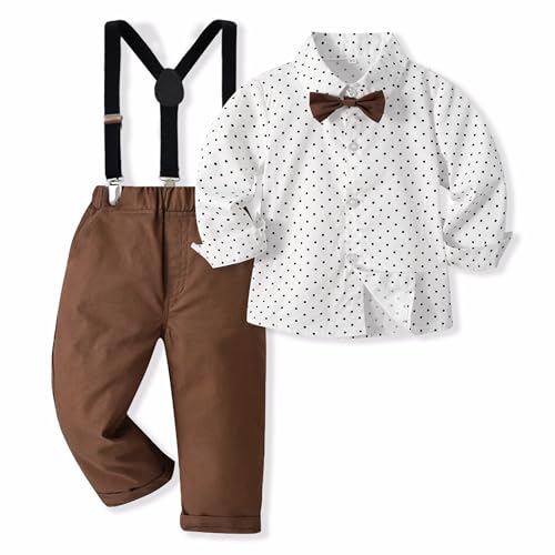 Volunboy Baby Jungen Anzug Set Bekleidung Hemd mit Fliege + Hosenträger Hosen Strampler Anzug(18-24 Monate,WeißPunkte,Größe 90) von Volunboy