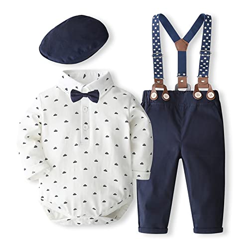 Volunboy Baby Jungen Anzug Set Bekleidung Hemd mit Fliege + Hosenträger Hosen Strampler Anzug(18-24 Monate,Weißes Boot,Größe 90) von Volunboy