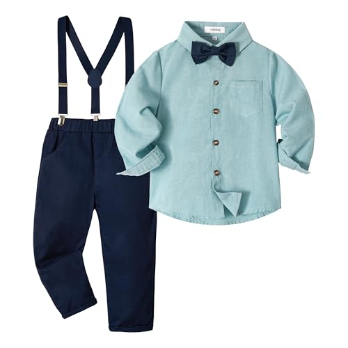 Volunboy Baby Jungen Anzug Set Bekleidung Hemd mit Fliege + Hosenträger Hosen Strampler Anzug(2-3 Jahre,Reines Grün,Größe 100) von Volunboy