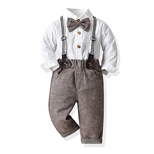 Volunboy Baby Jungen Anzug Set Bekleidung Hemd mit Fliege + Hosenträger Hosen Strampler Anzug(2-3 Jahre,Weiß-Khaki,Größe 100) von Volunboy
