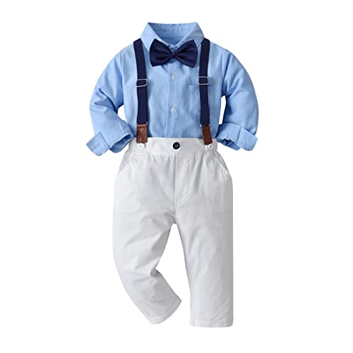Volunboy Baby Jungen Anzug Set Bekleidung Hemd mit Fliege + Hosenträger Hosen Strampler Anzug(3-4 Jahre,Blau Weiß,Größe 110) von Volunboy