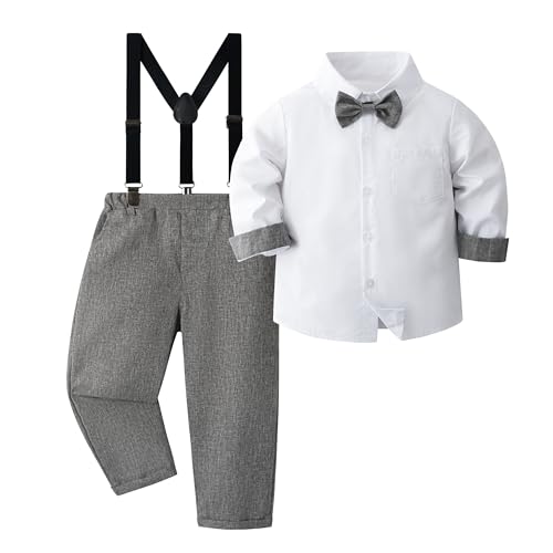 Volunboy Baby Jungen Anzug Set Bekleidung Hemd mit Fliege + Hosenträger Hosen Strampler Anzug(3-4 Jahre,Größe 110,Dunkel Grau) von Volunboy