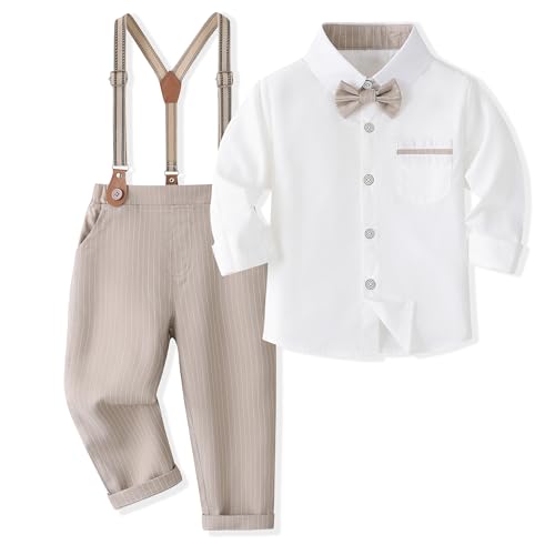 Volunboy Baby Jungen Anzug Set Bekleidung Hemd mit Fliege + Hosenträger Hosen Strampler Anzug(3-4 Jahre,Größe 110,Khaki Gestreift) von Volunboy