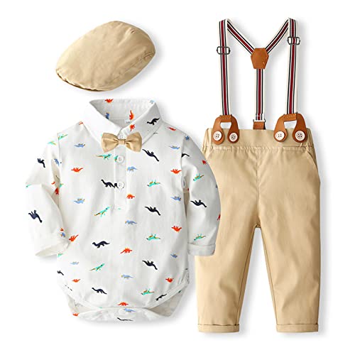 Volunboy Baby Jungen Anzug Set Bekleidung Hemd mit Fliege + Hosenträger Hosen Strampler Anzug(3-6 Monate,Weißer Dinosaurier,Größe 59) von Volunboy
