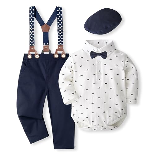 Volunboy Baby Jungen Anzug Set Bekleidung Hemd mit Fliege + Hosenträger Hosen Strampler Anzug(3-6 Monate,Weißes Boot,Größe 59) von Volunboy