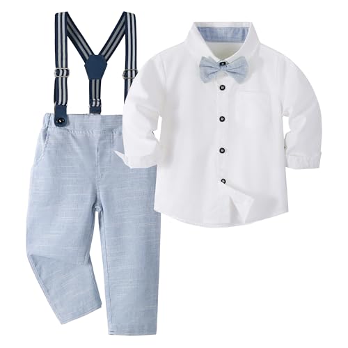 Volunboy Baby Jungen Anzug Set Bekleidung Hemd mit Fliege + Hosenträger Hosen Strampler Anzug(4-5 Jahre,Größe 120,Helles Blau) von Volunboy