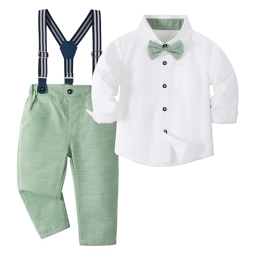 Volunboy Baby Jungen Anzug Set Bekleidung Hemd mit Fliege + Hosenträger Hosen Strampler Anzug(4-5 Jahre,Größe 120,Helles Grün) von Volunboy