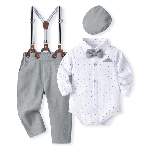 Volunboy Baby Jungen Anzug Set Bekleidung Hemd mit Fliege + Hosenträger Hosen Strampler Anzug（6-9 Monate，Größe 66，Graue Punkte） von Volunboy