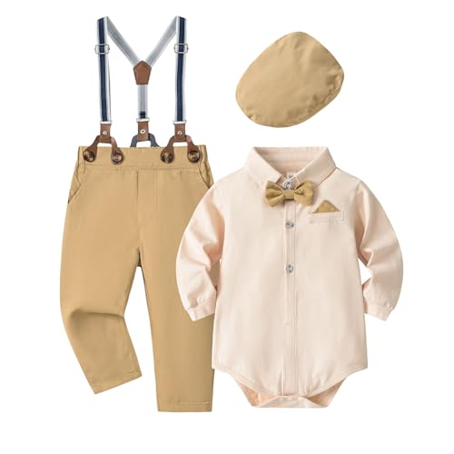 Volunboy Baby Jungen Anzug Set Bekleidung Hemd mit Fliege + Hosenträger Hosen Strampler Anzug（6-9 Monate，Größe 66，Khaki） von Volunboy