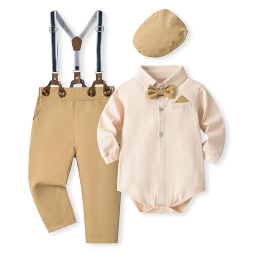 Volunboy Baby Jungen Anzug Set Bekleidung Hemd mit Fliege + Hosenträger Hosen Strampler Anzug（6-9 Monate，Größe 66，Khaki） von Volunboy