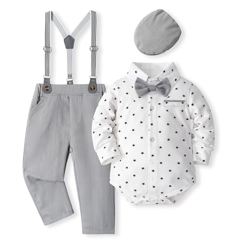 Volunboy Baby Jungen Anzug Set Bekleidung Hemd mit Fliege + Hosenträger Hosen Strampler Anzug(9-12 Monate,Graue Sterne,Größe 73) von Volunboy