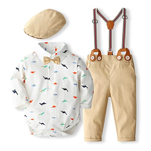 Volunboy Baby Jungen Anzug Set Bekleidung Hemd mit Fliege + Hosenträger Hosen Strampler Anzug(9-12 Monate,Weißer Dinosaurier,Größe 73) von Volunboy