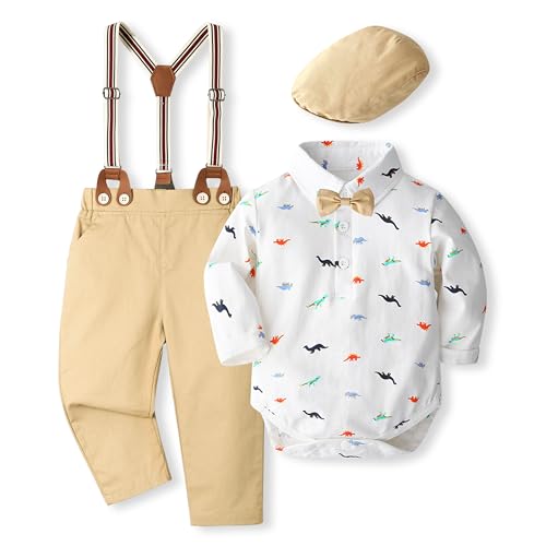 Volunboy Baby Jungen Anzug Set Bekleidung Hemd mit Fliege + Hosenträger Hosen Strampler Anzug(9-12 Monate,Weißer Dinosaurier,Größe 73) von Volunboy