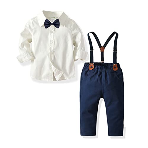 Volunboy Baby Jungen Anzug Set Bekleidung Hemd mit Fliege + Hosenträger Hosen Strampler Anzug(Beige,3-4 Jahre,Größe 110) von Volunboy