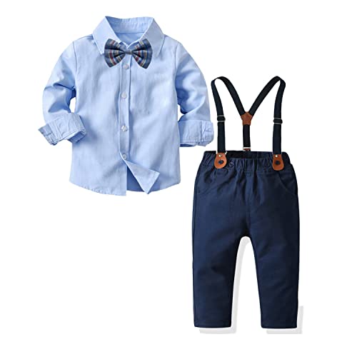 Volunboy Baby Jungen Anzug Set Bekleidung Hemd mit Fliege + Hosenträger Hosen Strampler Anzug(Blau,18-24 Monate,Größe 90) von Volunboy