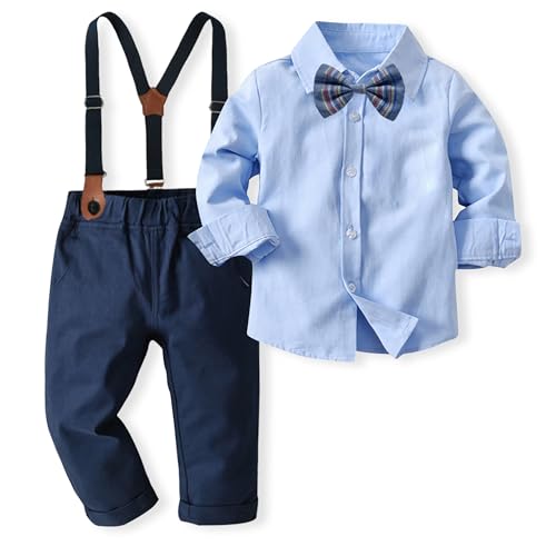 Volunboy Baby Jungen Anzug Set Bekleidung Hemd mit Fliege + Hosenträger Hosen Strampler Anzug(Blau,3-4 Jahre,Größe 110) von Volunboy