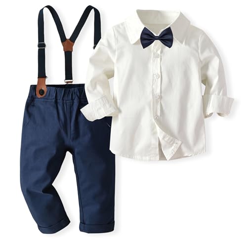 Volunboy Baby Jungen Anzug Set Bekleidung Hemd mit Fliege + Hosenträger Hosen Strampler Anzug(Größe 130,5-6 Jahre,Beige) von Volunboy