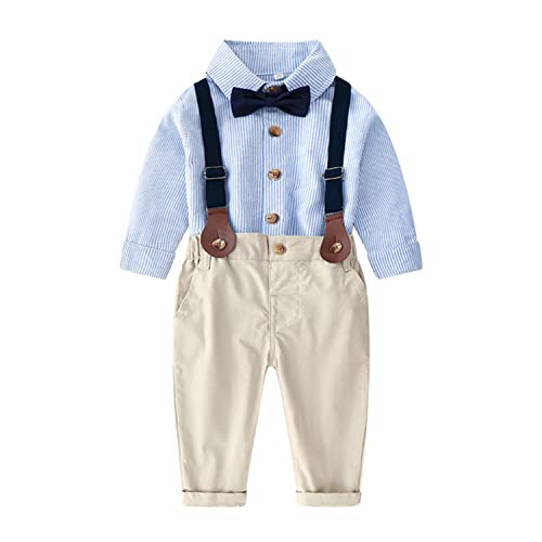 Volunboy Baby Jungen Anzug Set Bekleidung Hemd mit Fliege + Hosenträger Hosen Strampler Anzug(Größe 130,5-6 Jahre,Blaue Streifen) von Volunboy