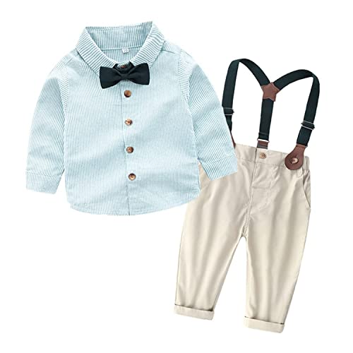 Volunboy Baby Jungen Anzug Set Bekleidung Hemd mit Fliege + Hosenträger Hosen Strampler Anzug(Größe 130,5-6 Jahre,Grün Streifen) von Volunboy