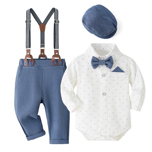 Volunboy Baby Jungen Anzug Set Bekleidung Hemd mit Fliege + Hosenträger Hosen Strampler Anzug(Größe 73,9–12 Monate,Dunkel Blau von Volunboy