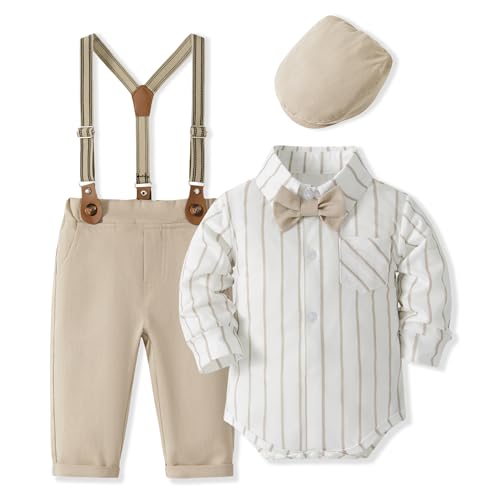 Volunboy Baby Jungen Anzug Set Bekleidung Hemd mit Fliege + Hosenträger Hosen Strampler Anzug(Größe 73,9–12 Monate,Khaki Streifen von Volunboy