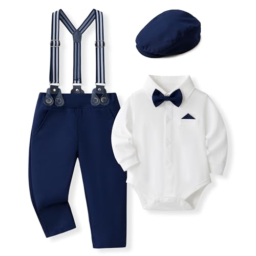 Volunboy Baby Jungen Anzug Set Bekleidung Hemd mit Fliege + Hosenträger Hosen Strampler Anzug(Größe 73,9–12 Monate,Weiß Marineblau von Volunboy